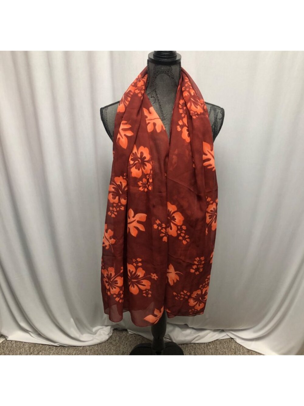 Rima Floral Print Sheer Maroon Orange Scarf Wrap Riviera Maya Mexico Beachwear